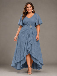 Jacquard Chiffon A-Line V-Neck High-Low Mother of the Bride Dress