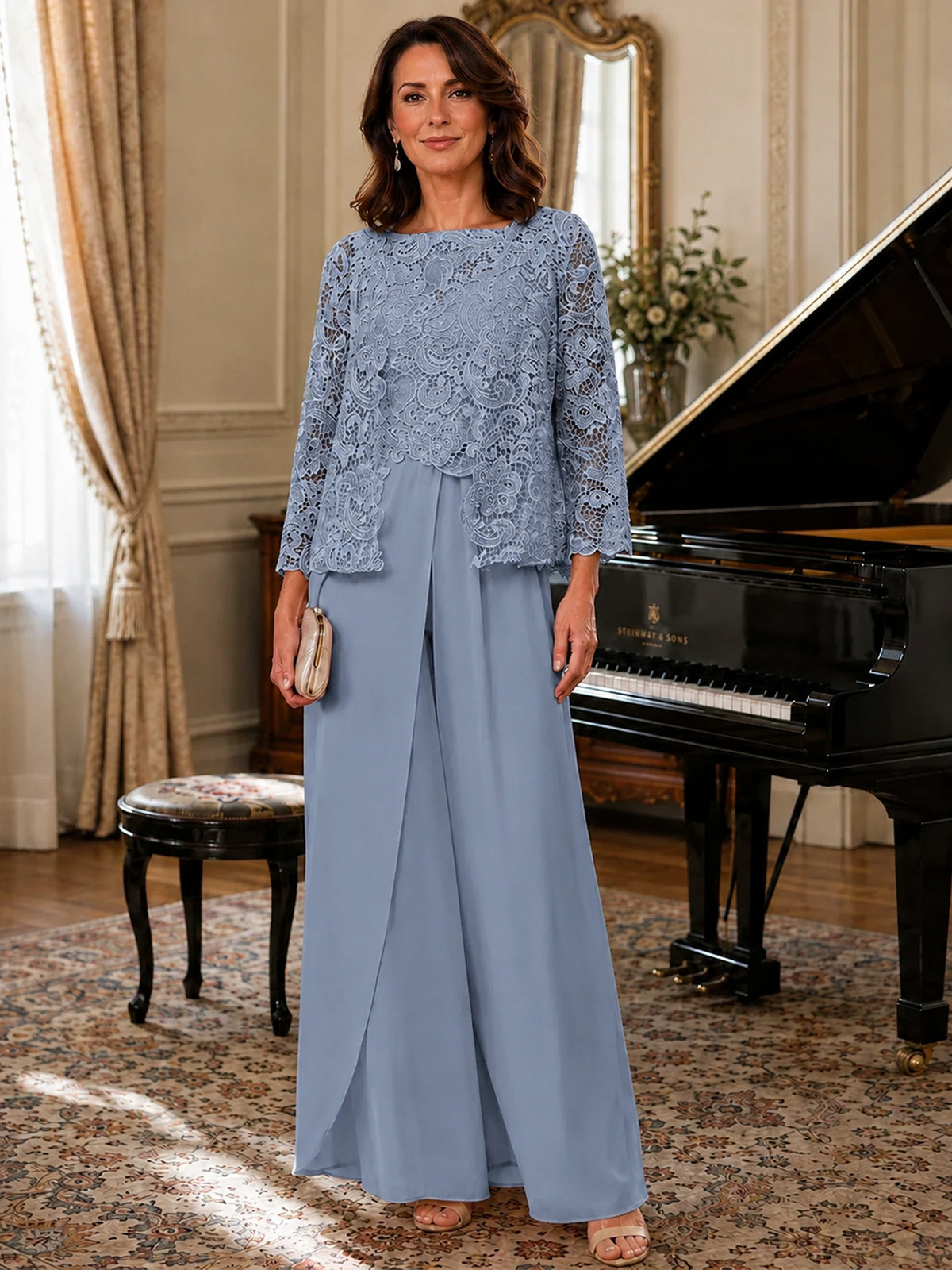 Elegant 3-Piece Chiffon Mother of the Bride Pantsuit with Floral Applique Jacket