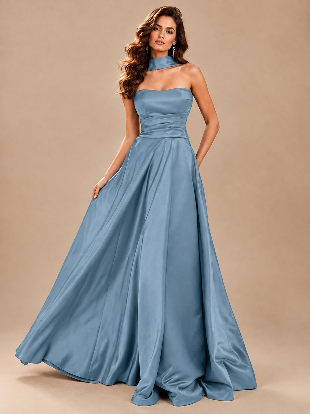 Strapless Prom Dress Side High Slit A-line Formal Dress with Scarf