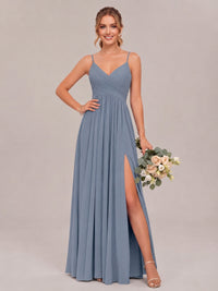 Dusty Blue Spaghetti Straps Pleated Chiffon Bridesmaid Dress with Slit V-Neck A-line Long Formal Evening Wedding Guest Gown