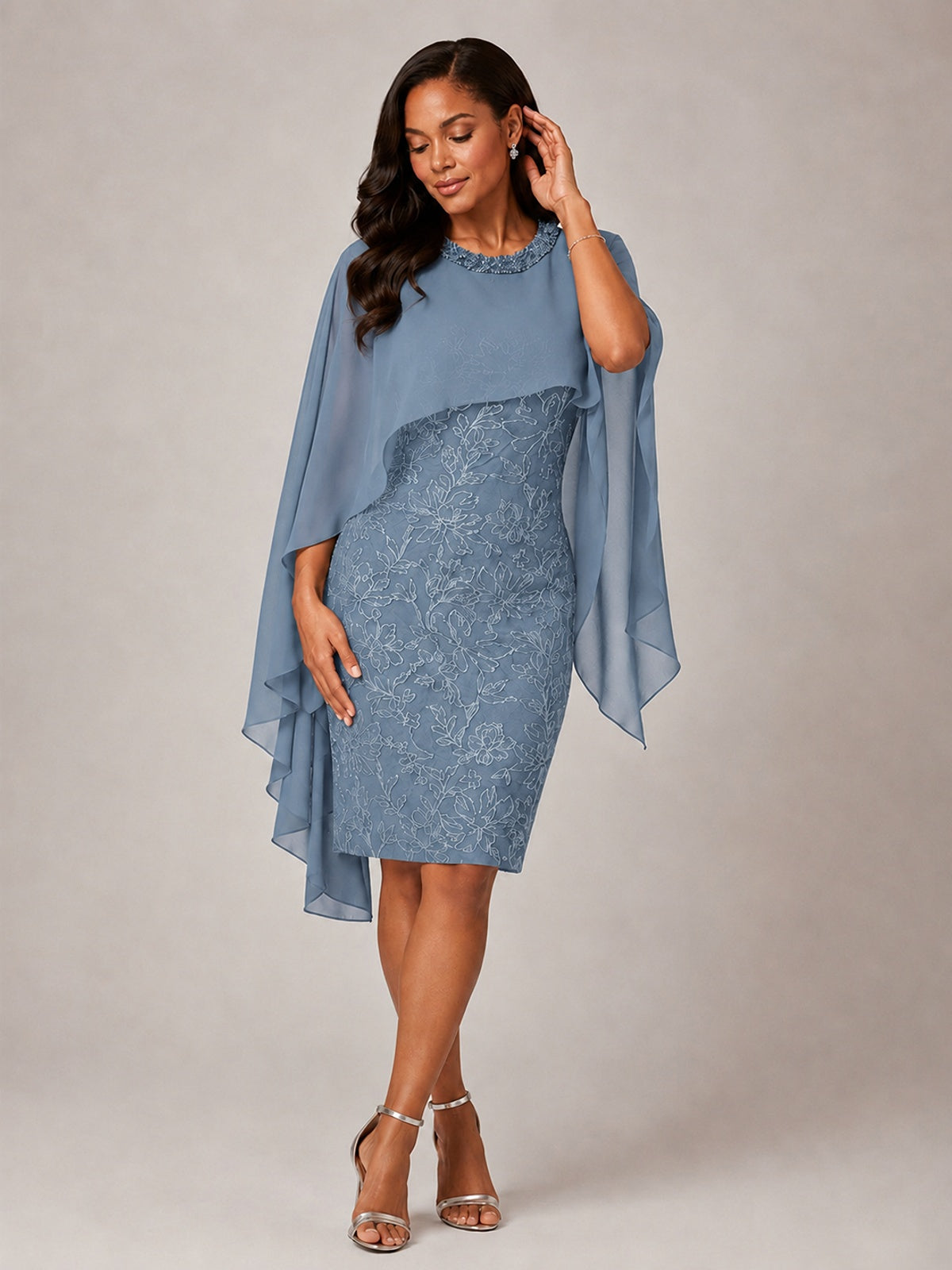 Floral Sheath Mother of the Bride Dress with Cape Overlay