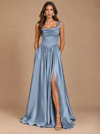 Cowl Neck Pleated Satin Prom Dress with Pockets & Slit Maxi Formal Gowns