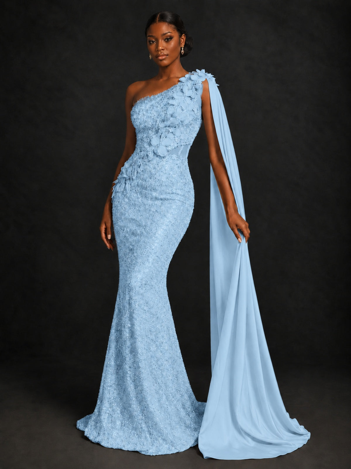 Gold Sequin One Shoulder Mermaid Prom Dress with Cape
