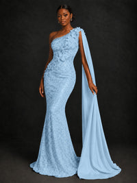 Gold Sequin One Shoulder Mermaid Prom Dress with Cape