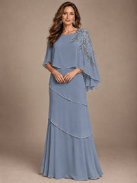 Elegant Chiffon Cape Sleeve Beaded Mother of the Bride Dress