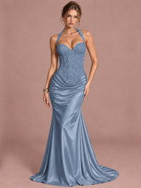 Dusty Blue Sparkling Halter Corset Satin Mermaid Prom Dress Long Ruched Sequin Formal Gown Evening Party Dress