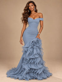 Dusty Blue Off-the-Shoulder Mermaid Prom Dress with 3D Rose & Ruffles