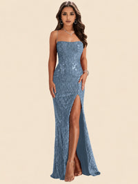 Sequin Lace Appliques Mermaid Prom Dress Spaghetti Strap Formal Gowns with Slit