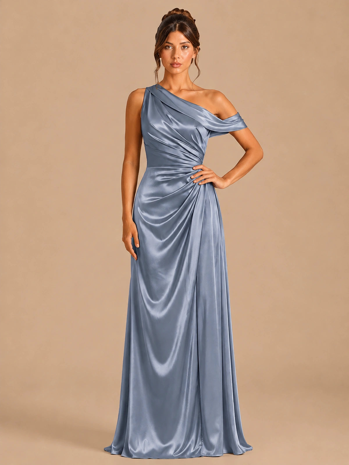 Dusty Blue-satin one shoulder prom dress ruched long formal gow Jovelle