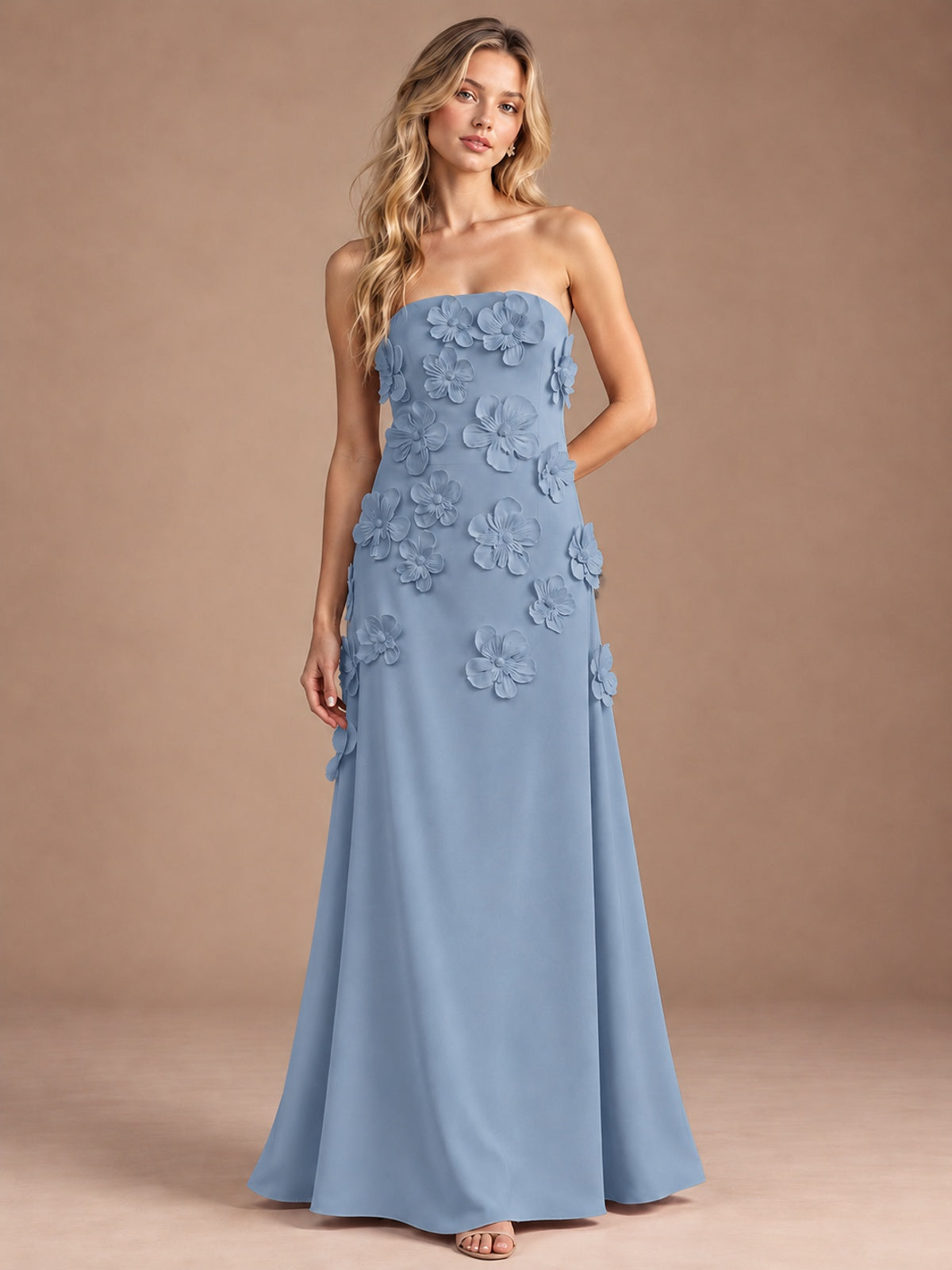Dusty Blue-Strapless 3D Floral A-line Satin Prom Maxi Dress Formal Evening Gown
