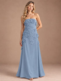 Dusty Blue-Strapless 3D Floral A-line Satin Prom Maxi Dress Formal Evening Gown