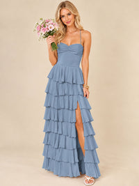 Ruffled Tiered Chiffon Prom Dress Spaghetti Straps Formal Maxi Dress with Slit