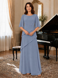 Asymmetric Draped Chiffon Mother of the Bride Dress with Flutter Sleeves