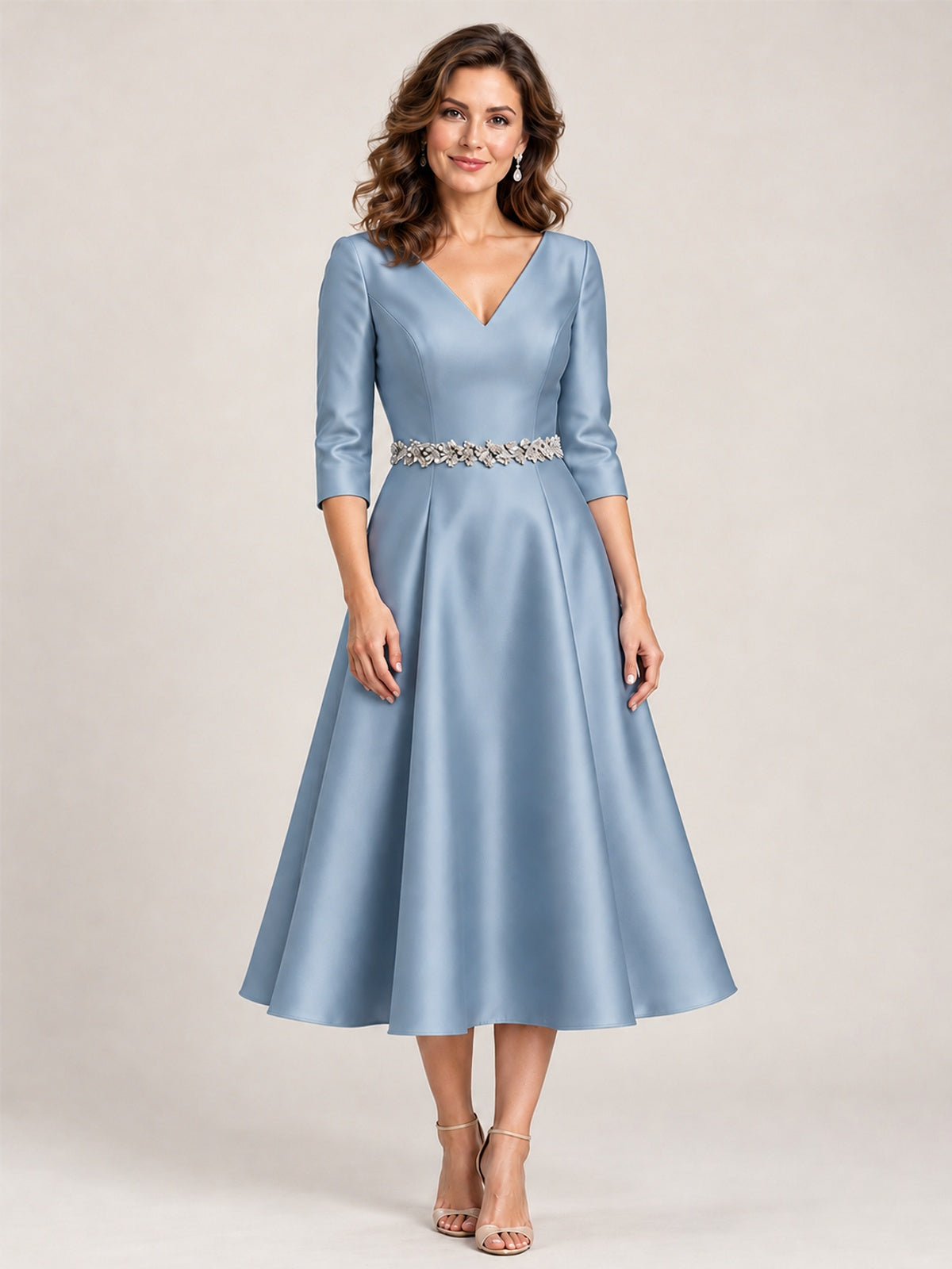 Dusty Blue V-Neck Tea-Length Mother of the Bride Dress with Embellished Waist