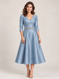Dusty Blue V-Neck Tea-Length Mother of the Bride Dress with Embellished Waist