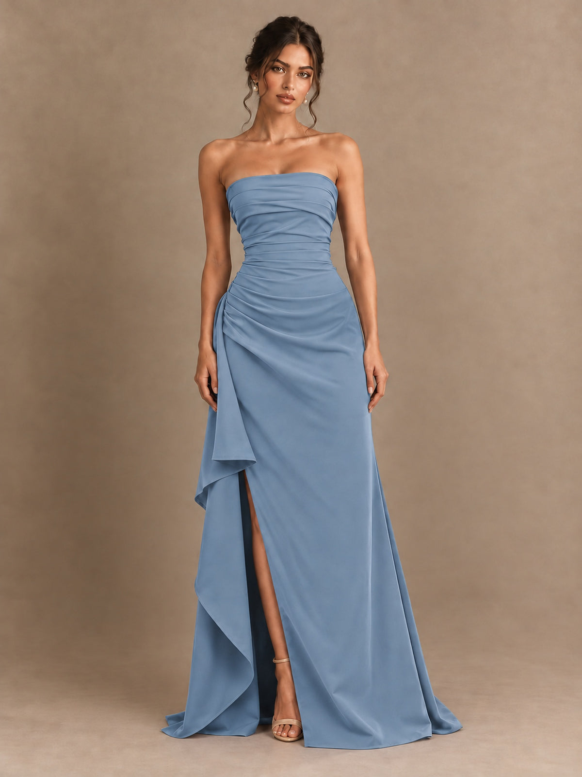 Black and White Strapless Ruched Prom Dress with High Slit & Side Drape