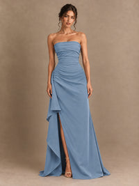 Black and White Strapless Ruched Prom Dress with High Slit & Side Drape
