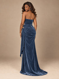 Burgundy Velvet Strapless Ruched Prom Dress with Jeweled Side Drape