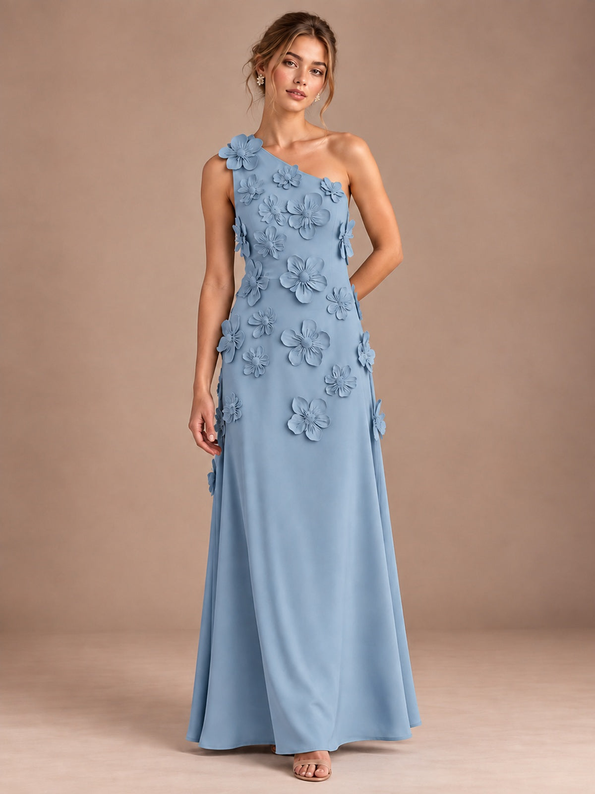 Dusty Blue- One Shoulder Satin Formal Maxi Dress with 3D Floral