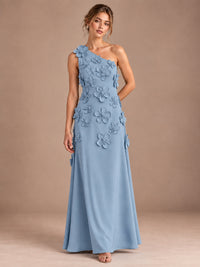 Dusty Blue- One Shoulder Satin Formal Maxi Dress with 3D Floral