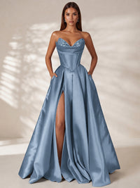 Dusty Blue Strapless Corset Satin Prom Dress Long Evening Gown with High Slit