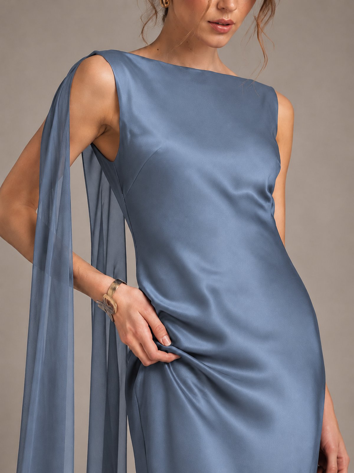 Burgundy Satin Mermaid Cape Maxi Dress