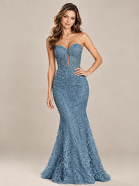 Strapless Corset Mermaid Prom Dress with Floral Lace Appliqué