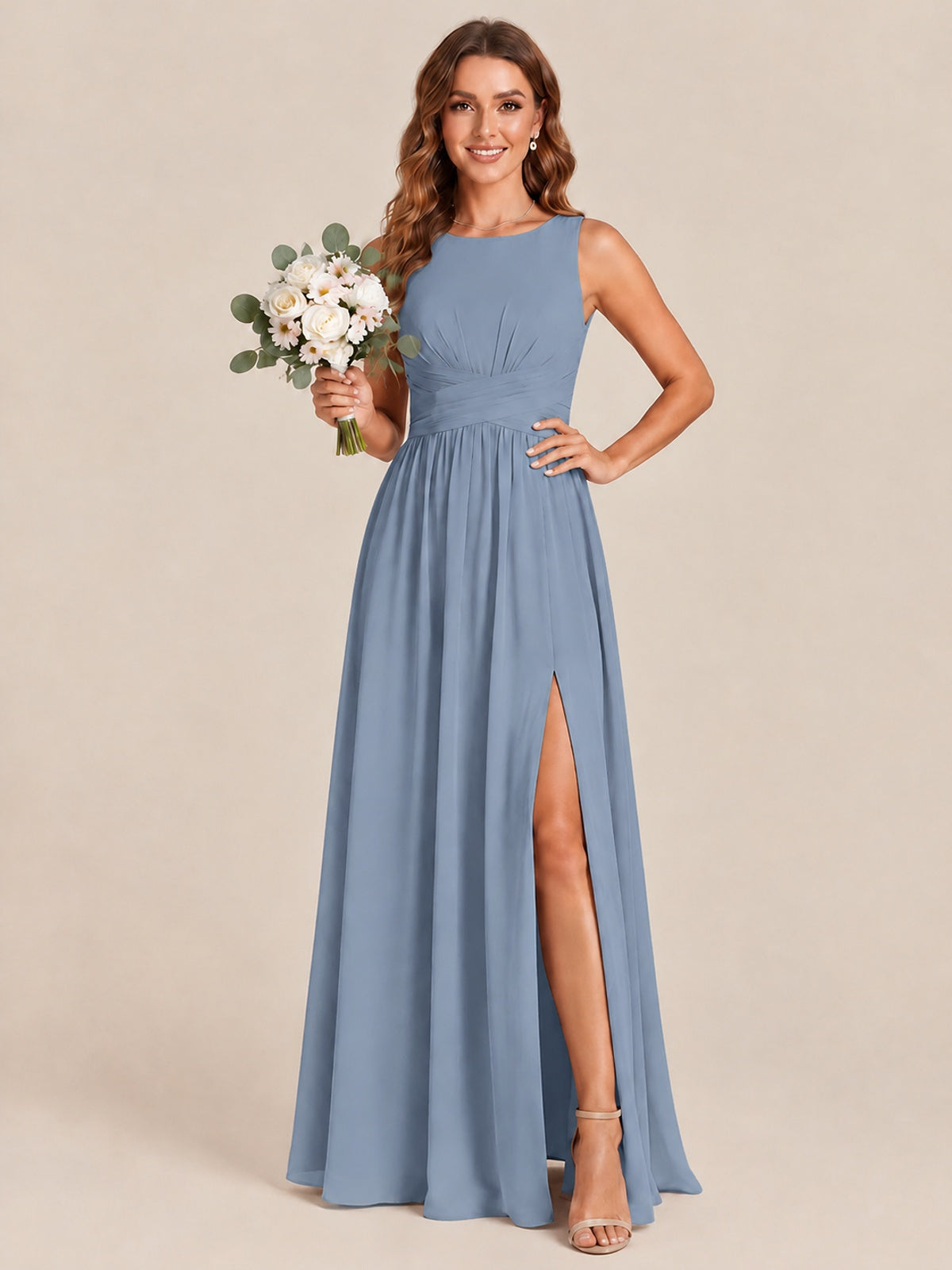 A-line Sleeveless Rucehd Chiffon Bridesmaid Dress with High Slit