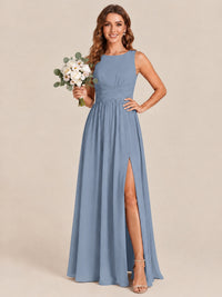 A-line Sleeveless Rucehd Chiffon Bridesmaid Dress with High Slit