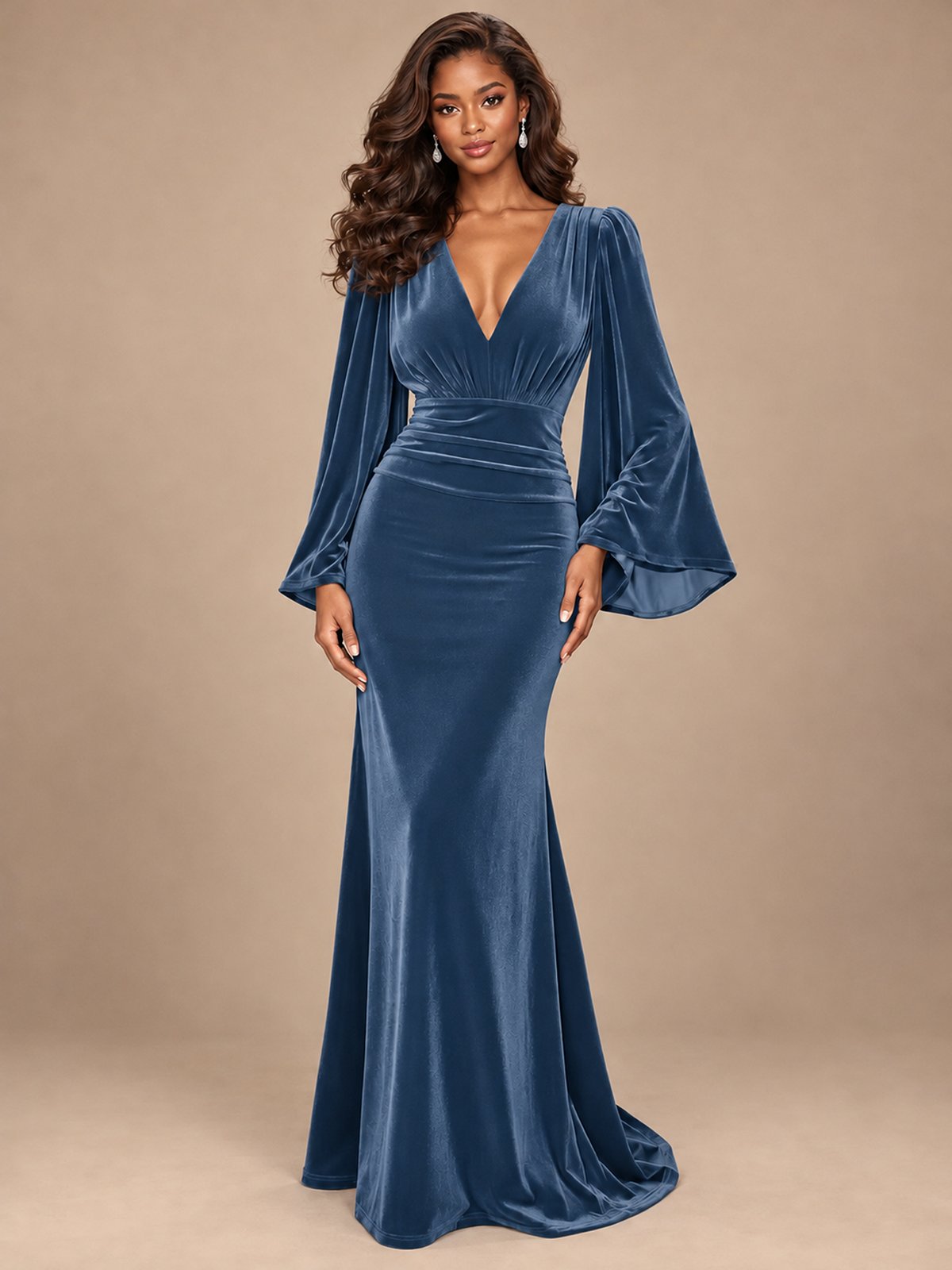 Burgundy Velvet Deep V-Neck Ruched Long Sleeve Maxi Dress