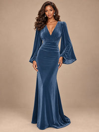 Burgundy Velvet Deep V-Neck Ruched Long Sleeve Maxi Dress