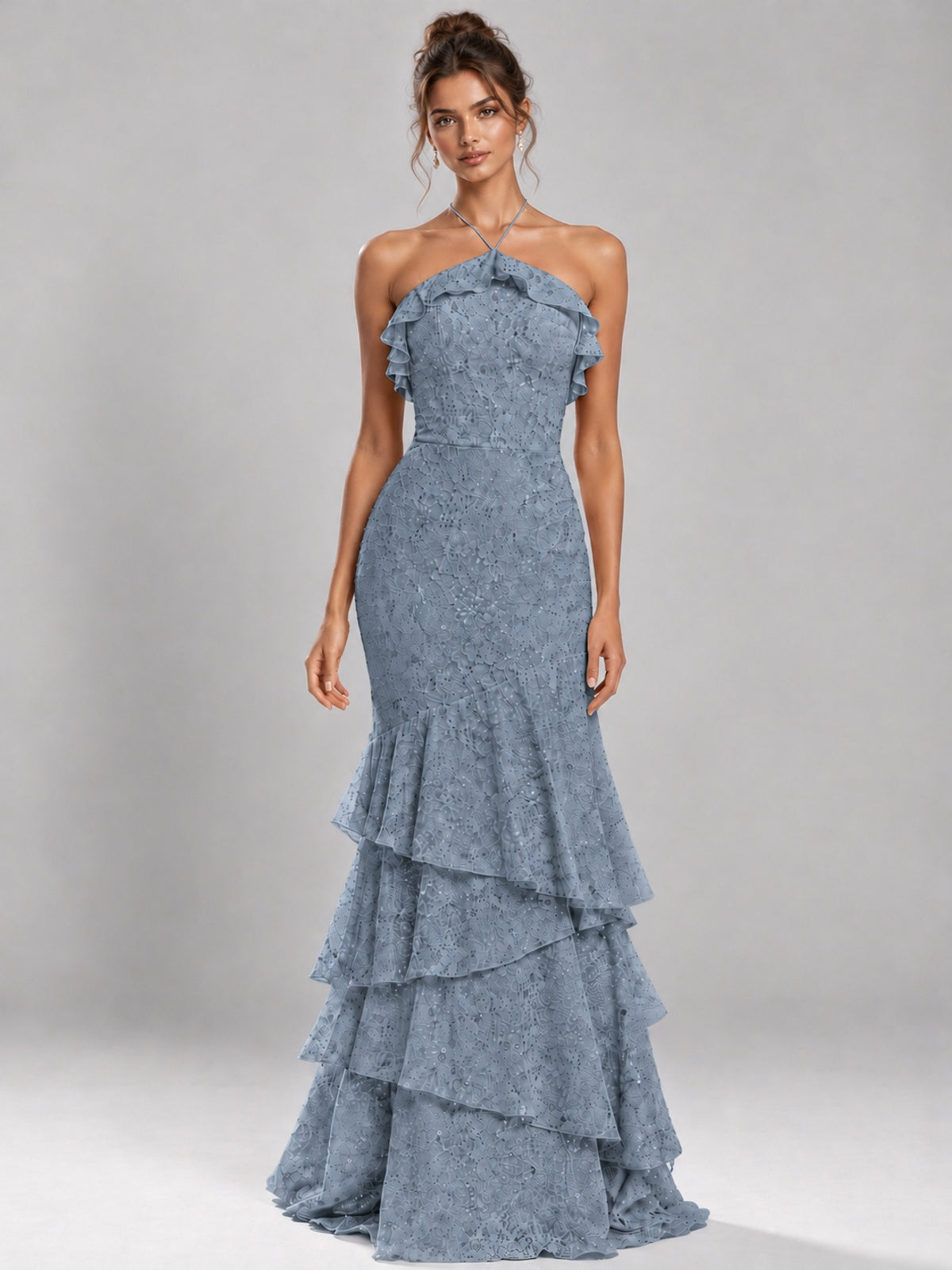 Halter Tiered Mermaid Prom Dress with Sparkly Lace