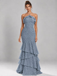 Halter Tiered Mermaid Prom Dress with Sparkly Lace