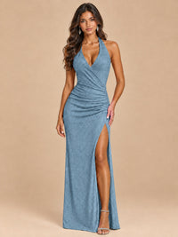 Dusty Blue-Blush Pink Halter V-Neck Sequin Mermaid Prom Dress with High Slit Jovellee