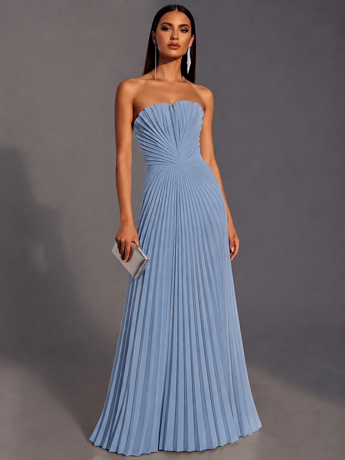 Dusty Blue Strapless Pleated Satin Prom Dress Long Formal Gown Evening Dress