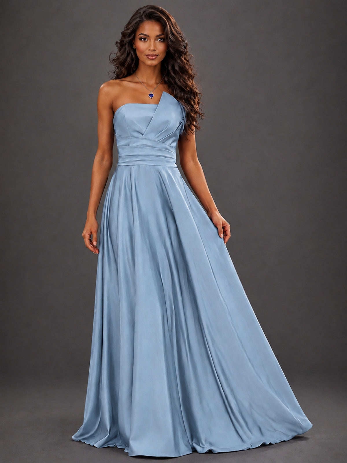 Draped Satin Prom Dress Strapless A-line Formal Dress Floor Length