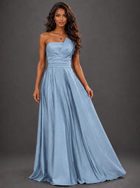 Draped Satin Prom Dress Strapless A-line Formal Dress Floor Length