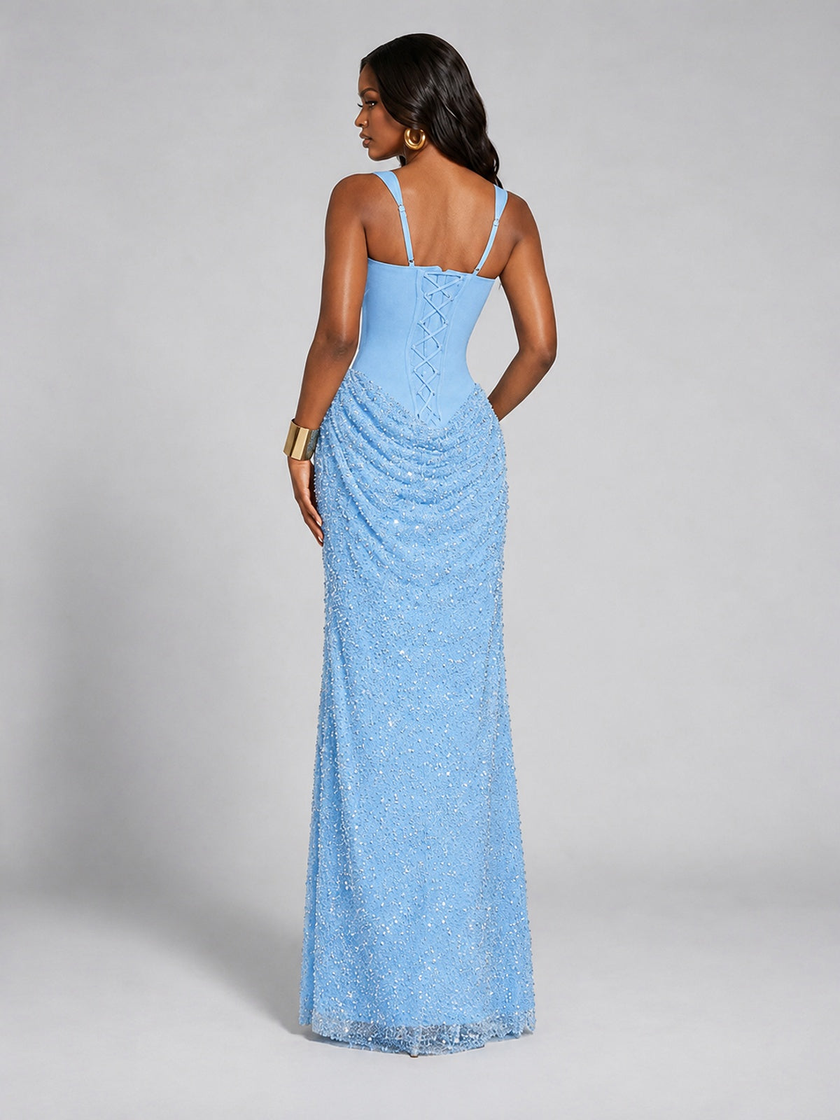 Sequin Corset Mermaid Prom Dress with Square Neck Wide Strap High Slit