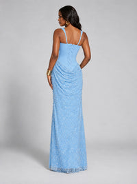Sequin Corset Mermaid Prom Dress with Square Neck Wide Strap High Slit
