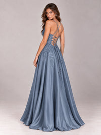 Lace Applique Satin A-Line Prom Dress with Sheer Bodice