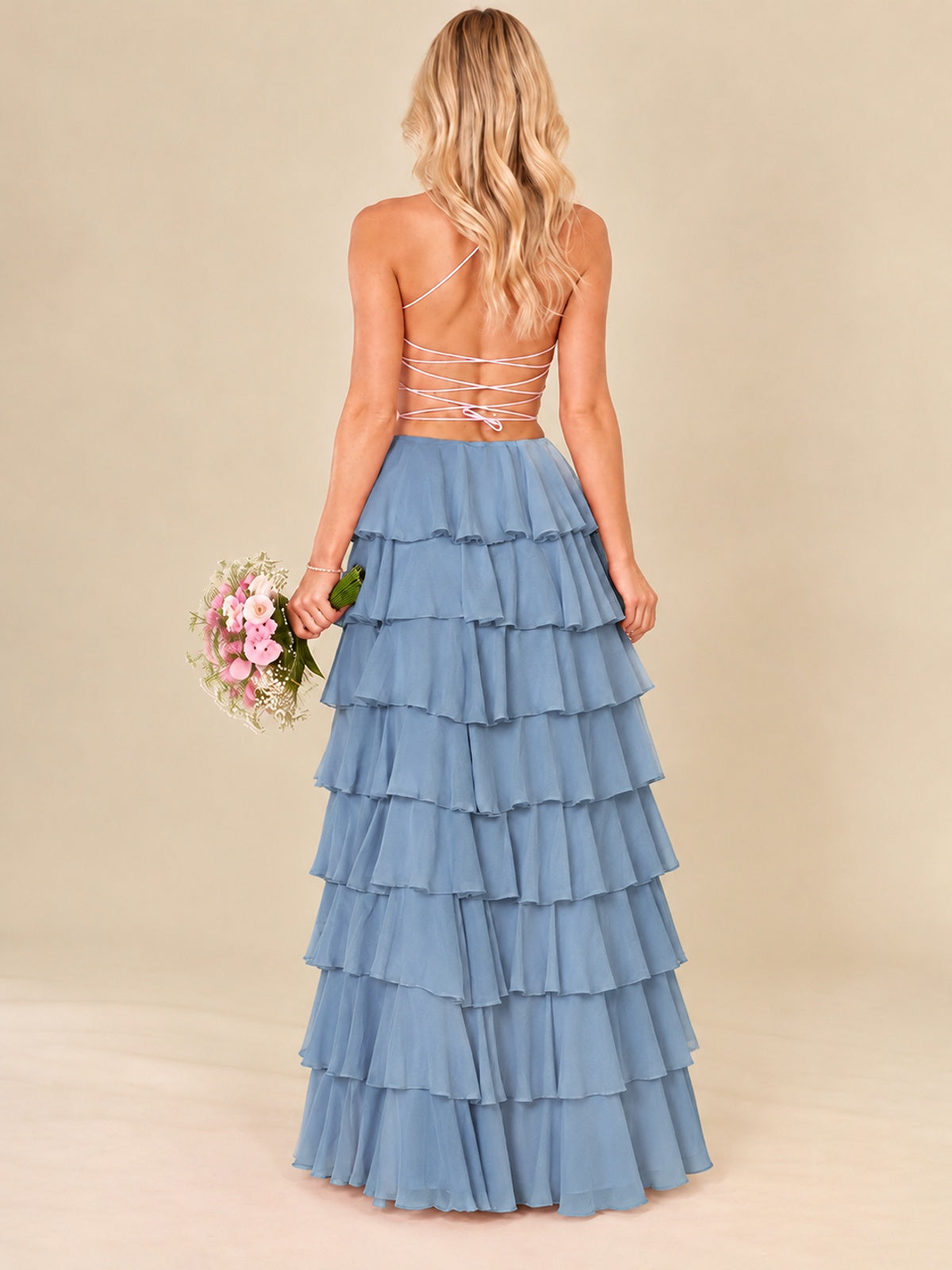 Ruffled Tiered Chiffon Prom Dress Spaghetti Straps Formal Maxi Dress with Slit
