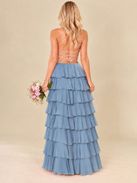 Ruffled Tiered Chiffon Prom Dress Spaghetti Straps Formal Maxi Dress with Slit