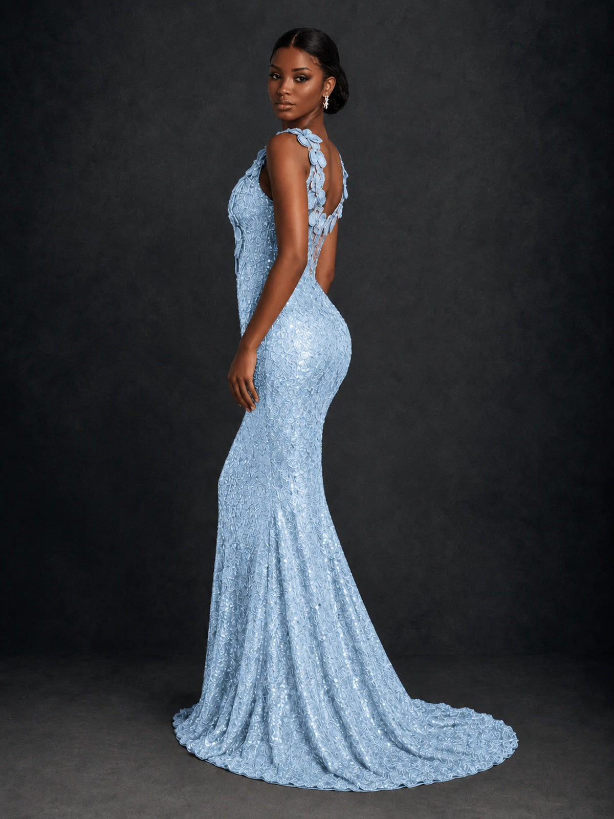 Gold Sequin Floral Applique Mermaid Prom Dress
