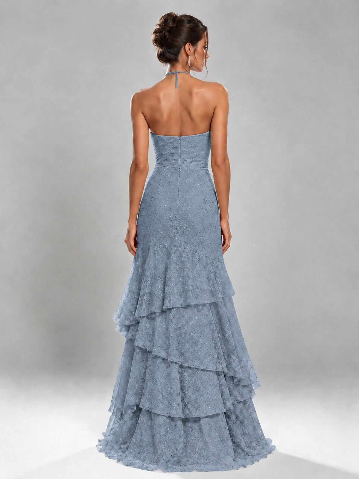 Halter Tiered Mermaid Prom Dress with Sparkly Lace