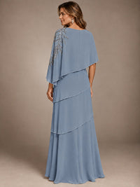 Elegant Chiffon Cape Sleeve Beaded Mother of the Bride Dress