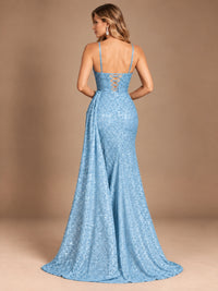 Burgundy Sequin Corset Prom Dress with High Slit
