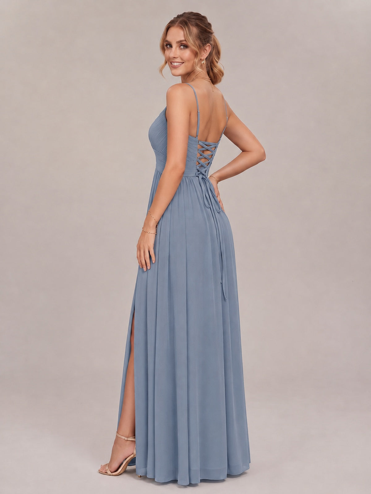 V-Neck Pleated Chiffon Long Bridesmaid Dress with Slit