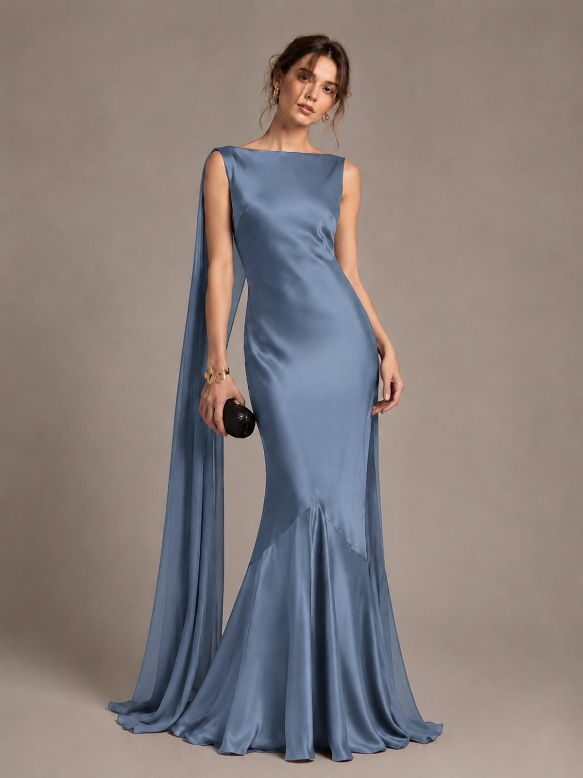 Burgundy Satin Mermaid Cape Maxi Dress