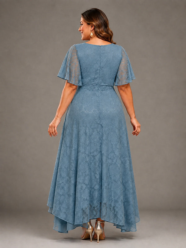 Jacquard Chiffon A-Line V-Neck High-Low Mother of the Bride Dress
