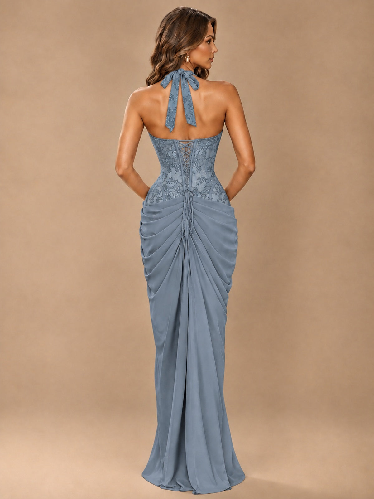 Sweetheart Halter Prom Dress Pleated Lace Floral Formal Dress with Slit